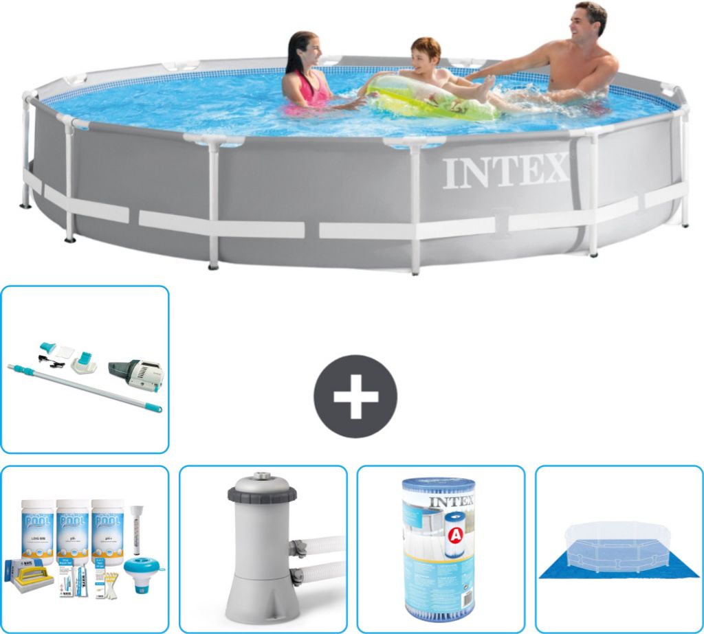 Intex Pool mit rundem Prismenrahmen – 366 x 76 cm – Grau – im Lieferumfang enthalten Wartungspaket - Filterpumpe für Schwimmbad - Filter - B...