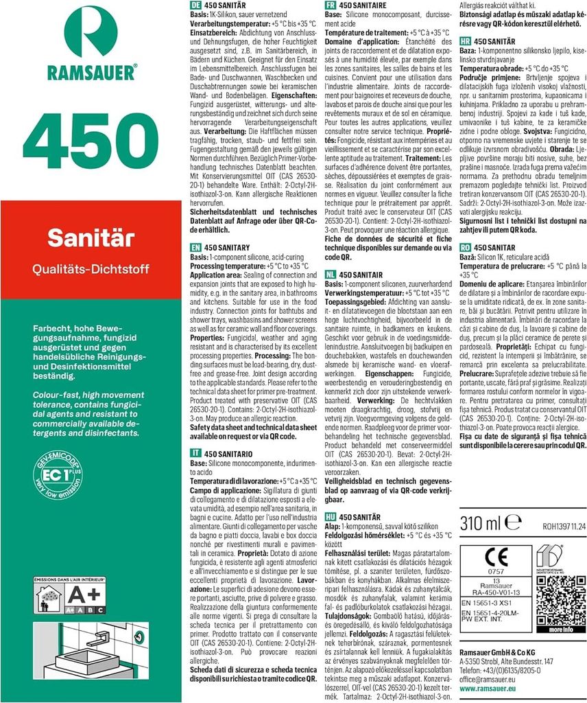 Ramsauer 450 Sanitär 1K Silicon Dichtstoff 310ml Kartusche Produktbild 