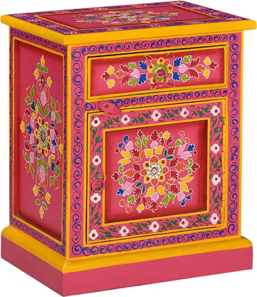 Möbel Nachttisch Massivholz Mango Rosa Handbemalt - Nachttische & -schränke 244835