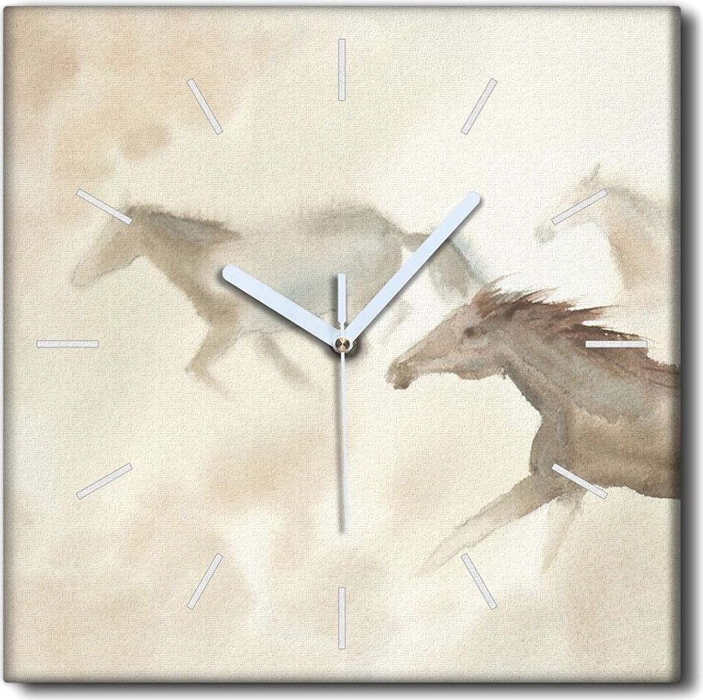 Coloray Uhr auf Leinwand 30x30 cm Wand Uhr Dekoration Wohnzimmer Segeltuch weiße Zeiger -Eine Herde von Pferden Aquarellen