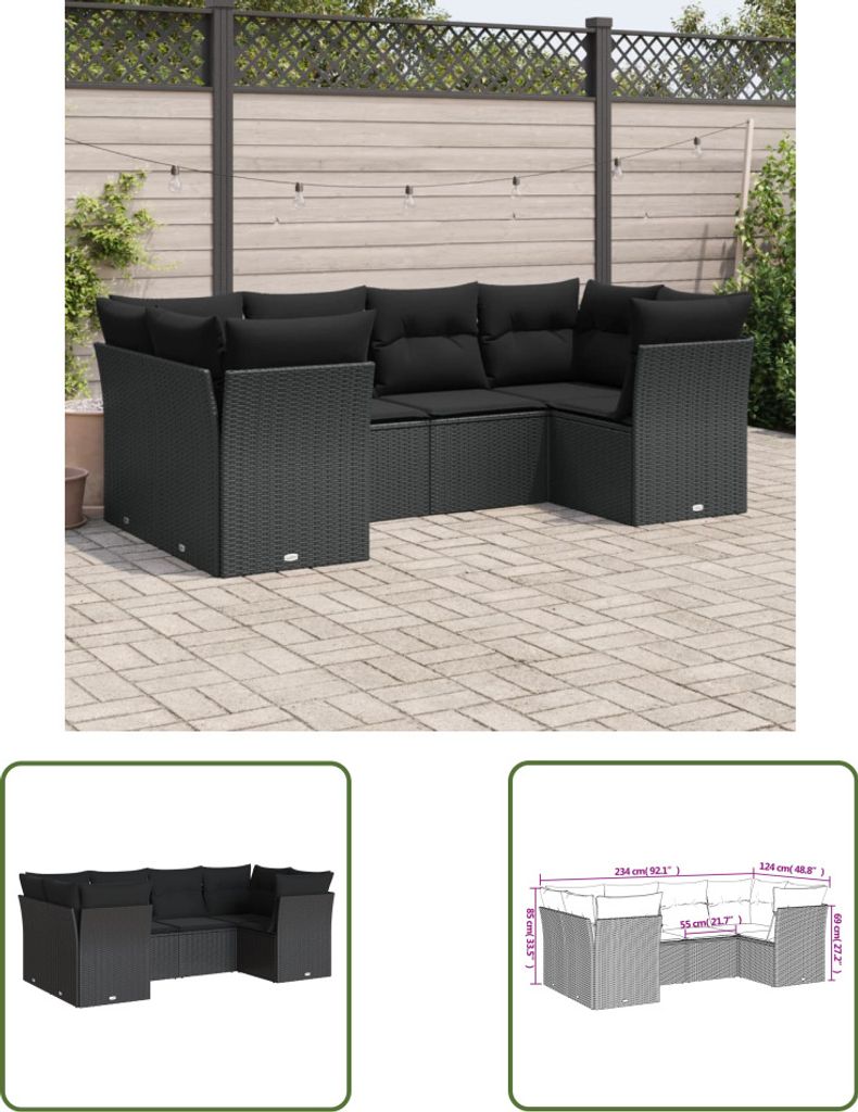 The Living Store 6-tlg. Garten-Sofagarnitur mit Kissen Schwarz Poly Rattan