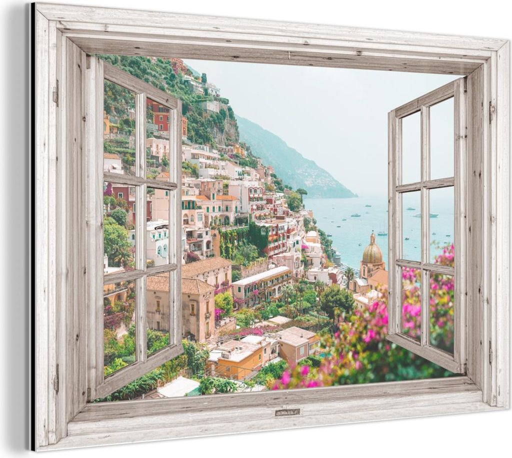 MuchoWow Wanddekoration Metall Metallbild Wandkunst 60x40 cm Ausblick - Italien - Blumen - Meer - Küste - Stadt - Berge MuchoWow Aluminium Gemäld...