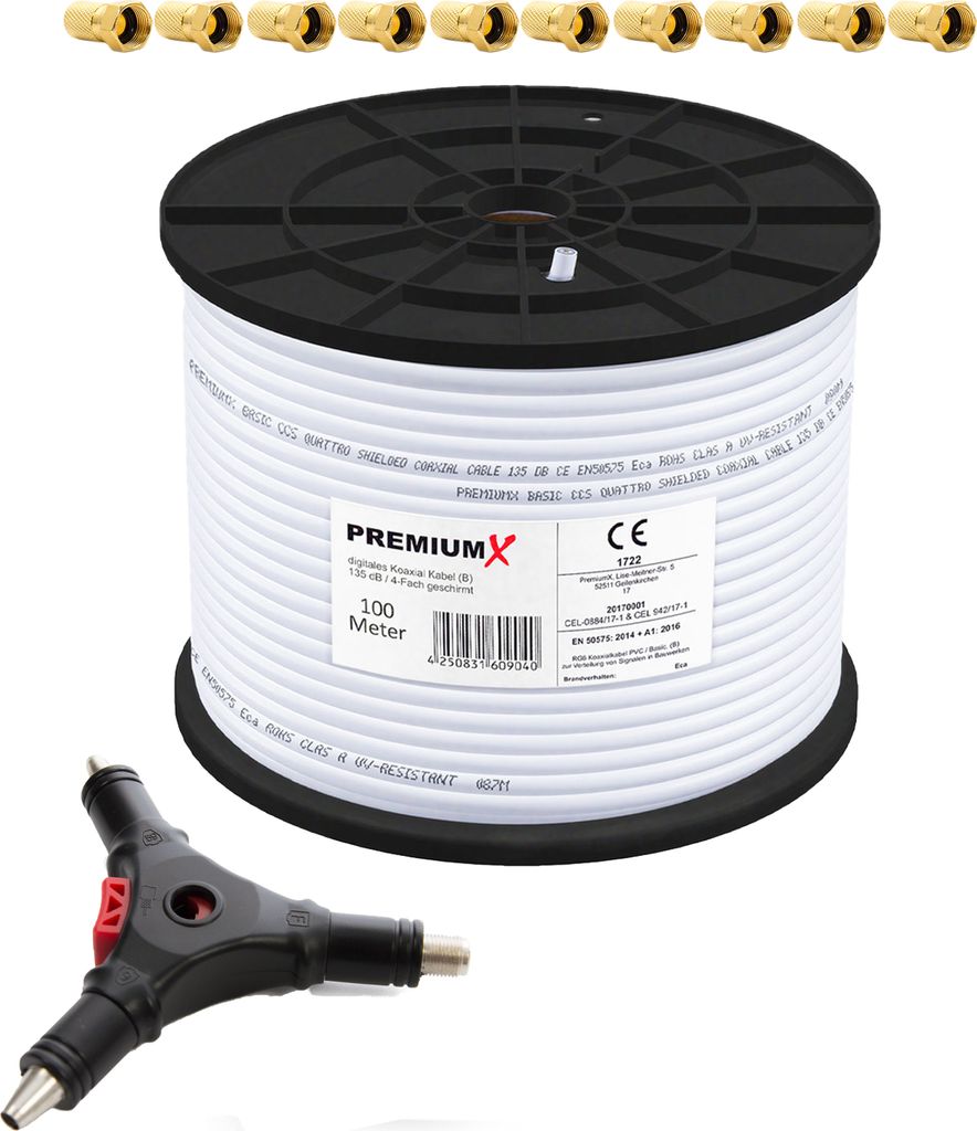 PremiumX 100m BASIC Koaxialkabel 135dB 4-fach SAT Koax Kabel Abisolierer 10x F-Stecker