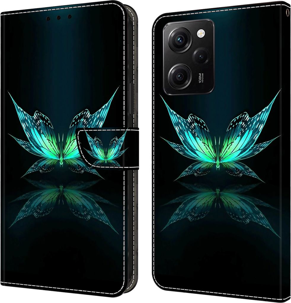 CLM-Tech Hülle kompatibel mit Xiaomi Redmi Note 12 Pro 5G - Tasche aus Kunstleder - Klapphülle mit Ständer und Kartenfächern, schwarz türkiser...