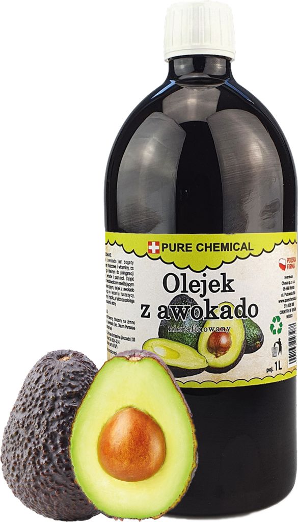 A bottle of avocado oil with two avocados next to it.