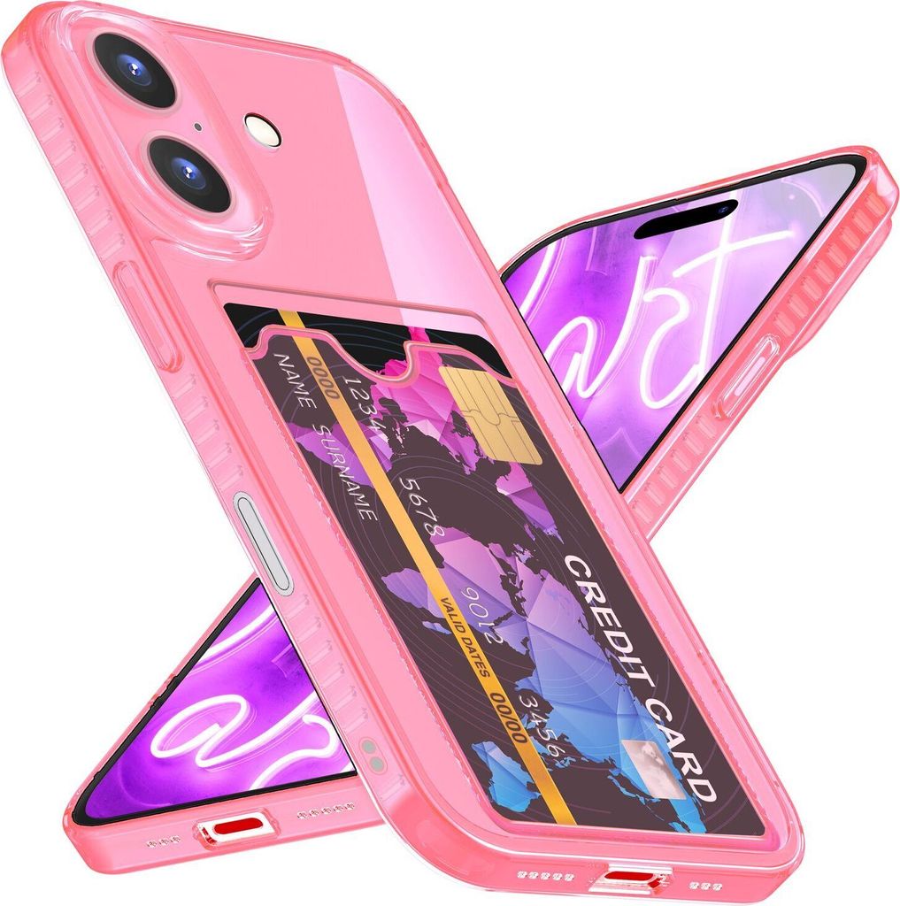 NALIA Neon Silikonhülle für iPhone 16 Plus – Kartenfach & Knallige Signal-Farbe – CARDPOP (Anti-Shock Handyhülle) – Marke aus Berlin – Rosa