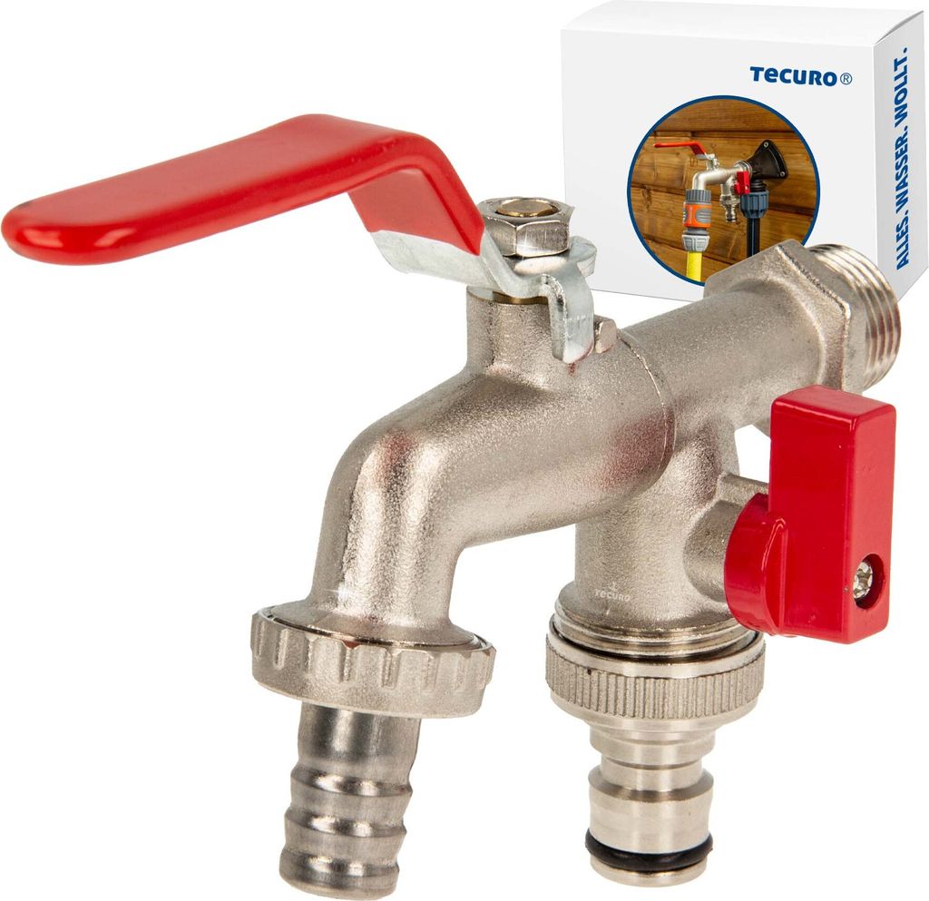 A product shot of a brass double outlet tap with red handles, set against a white background. A small box with product information and a smaller image of the tap in use is visible in the background.