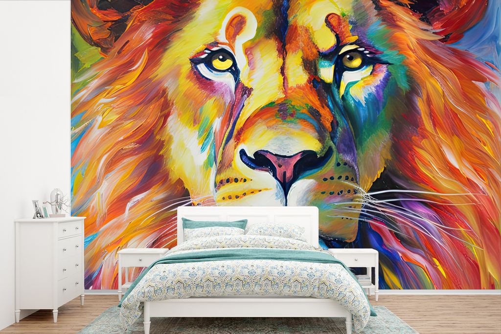 MuchoWow Fototapete für Wohnzimmer oder Schlafzimmer Wandtapete Vinyl Motivtapete Löwe - Ölgemälde - Kunst - Tiere - 330x220 cm - Fototapeten