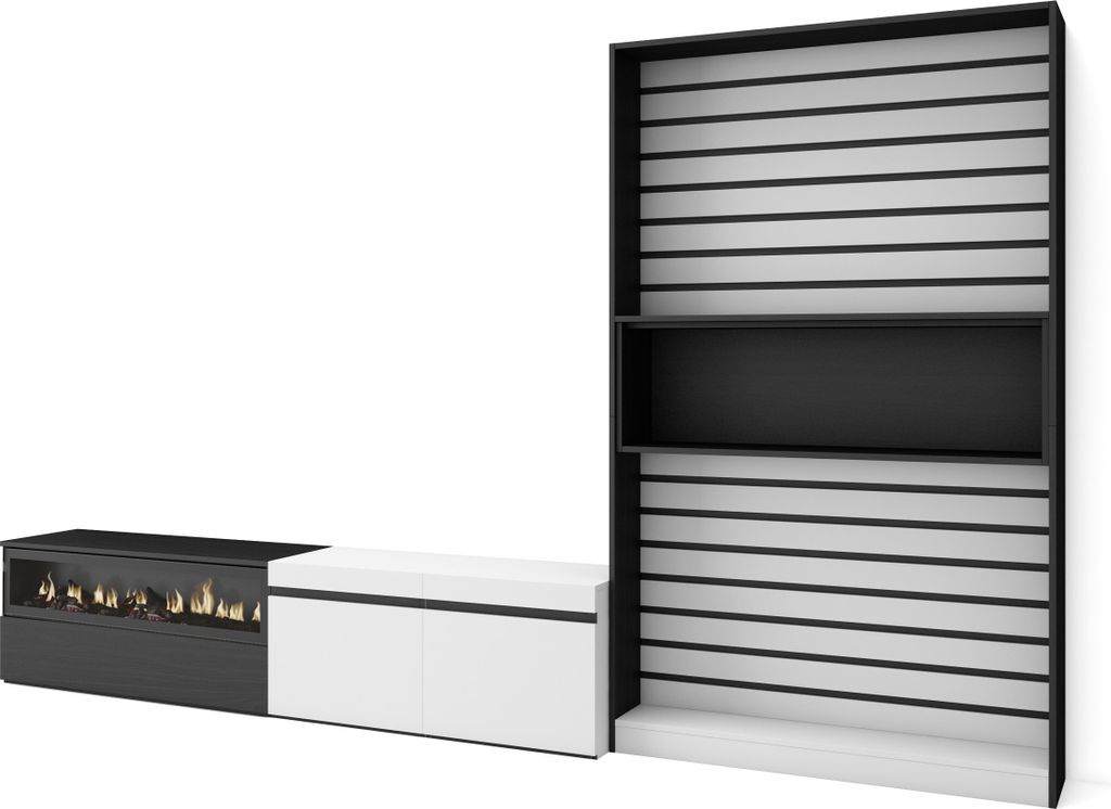 Wohnwand Wohnzimmer, 310x35x186cm, Für TV-Geräte bis zu 80", Elektrokamin. Weiß und Schwarz