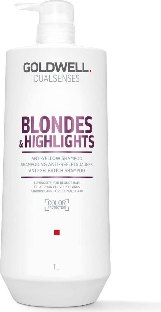 A white bottle of Goldwell Dualsenses Blondes & Highlights Anti-Yellow Shampoo with a pump dispenser.