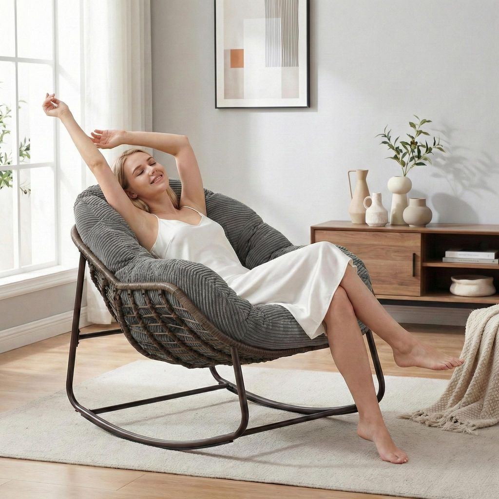 LVHOM Schaukelsessel mit gepolstertem Kissen, Rattanstuhl mit Stahlrahmen, Schaukelstuhl Cordbezug Loungesessel, Sessel für Balkon, Grau