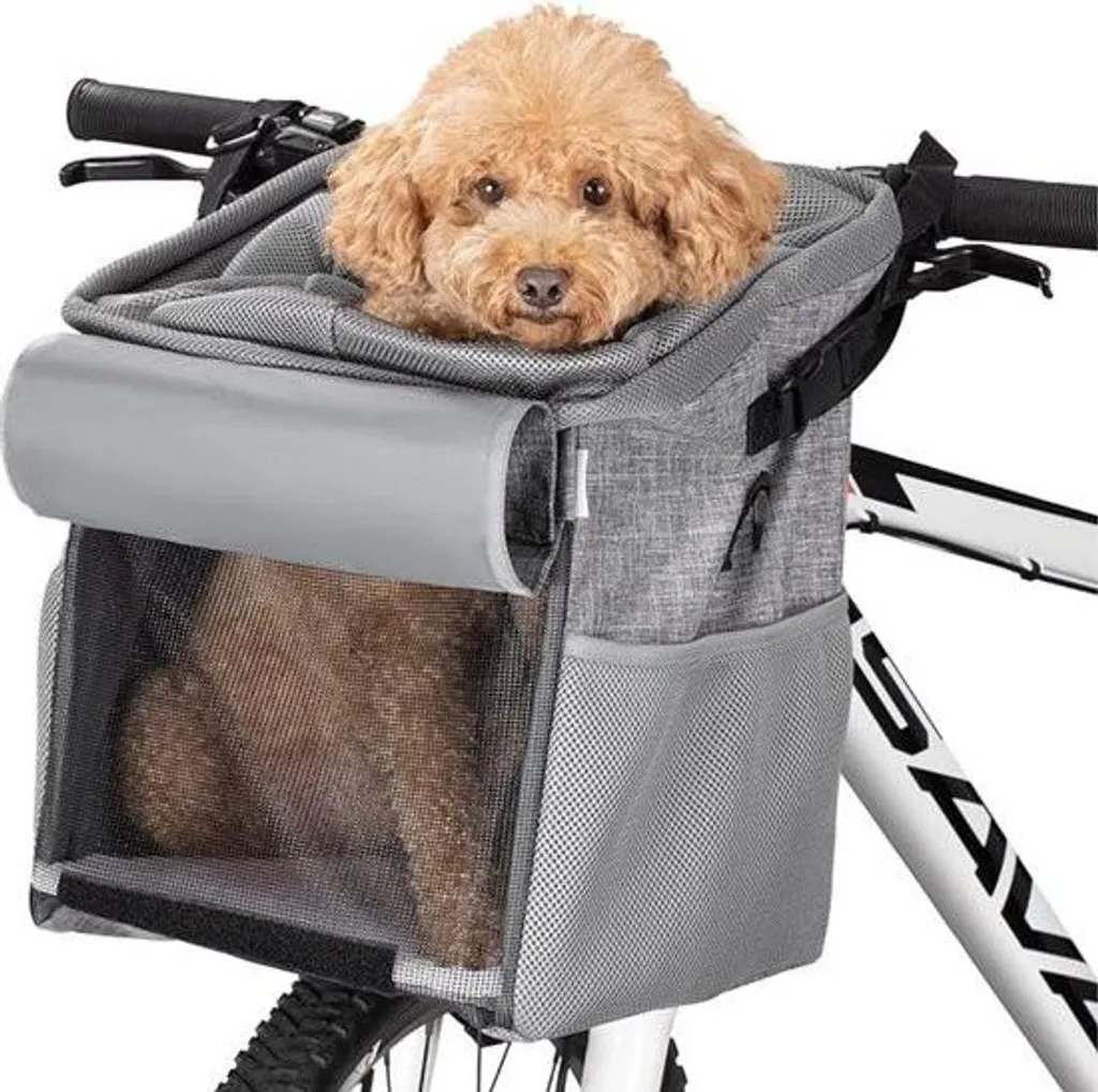 Panier vélo chien avant gris 27x27x31 cm avec bandoulière réglable