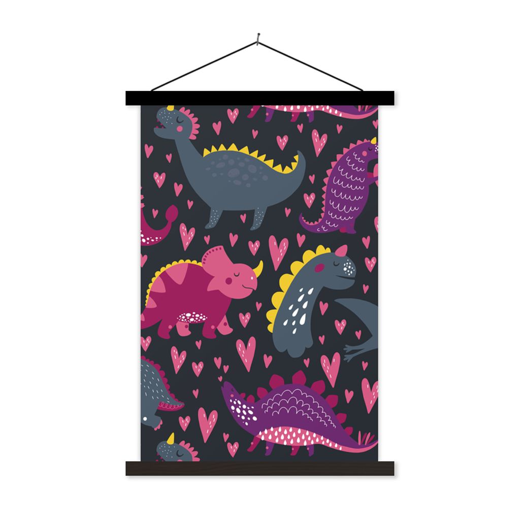 MuchoWow Textilposter Dinosaurier - Kind - Muster - Rosa - Mädchen 60x90 cm mit schwarzem Rahmen - Poster Wohnzimmer