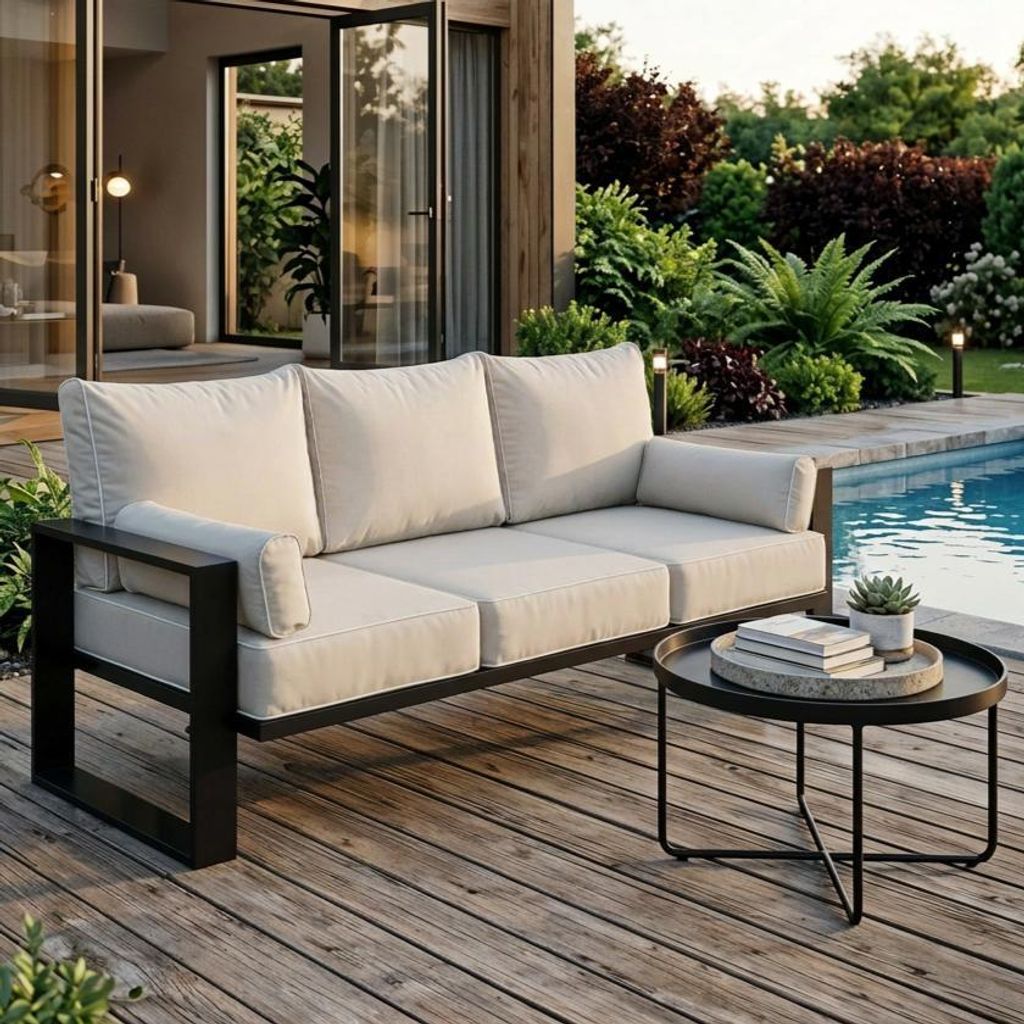 BEAUTYSOFA | VERDINO 3-Sitzer Gartensofa Beige – Garten Lounge Sofa mit Metallrahmen, Outdoor Couch wetterfest, SIMAX 03