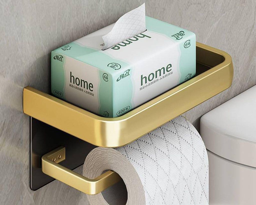 Toilettenpapierhalter, mit 2 Befestigungsoptioneund Aluminium Ablage, Wandmontage, Kein Bohren, Gold
