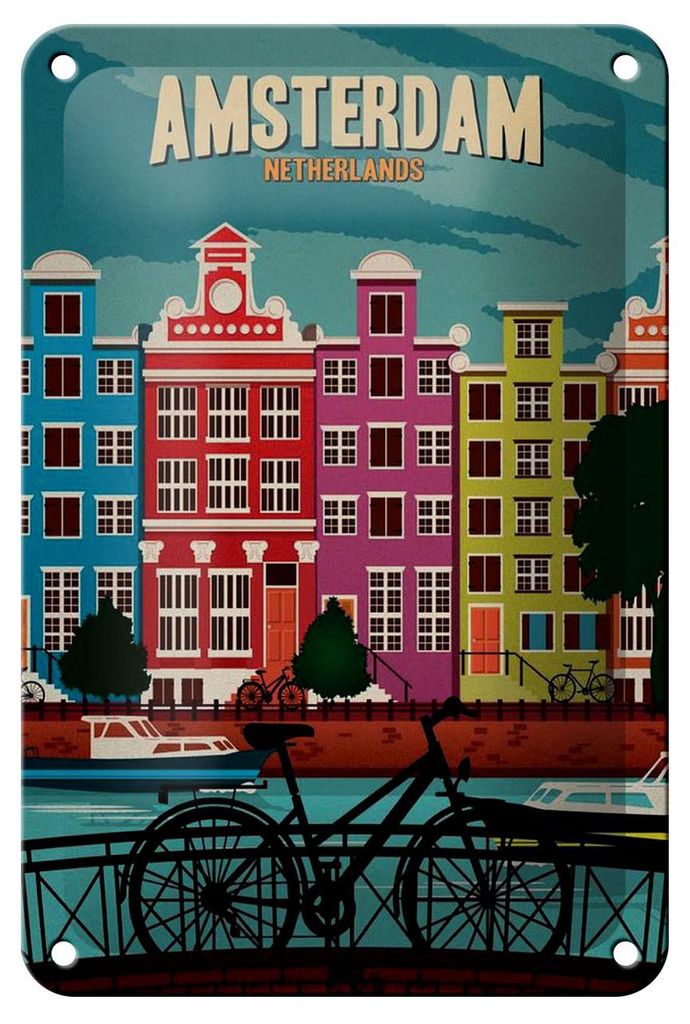 Blechschild Reise 12x18 cm Amsterdam Niederlande Fahrräder Wasser Deko Schild