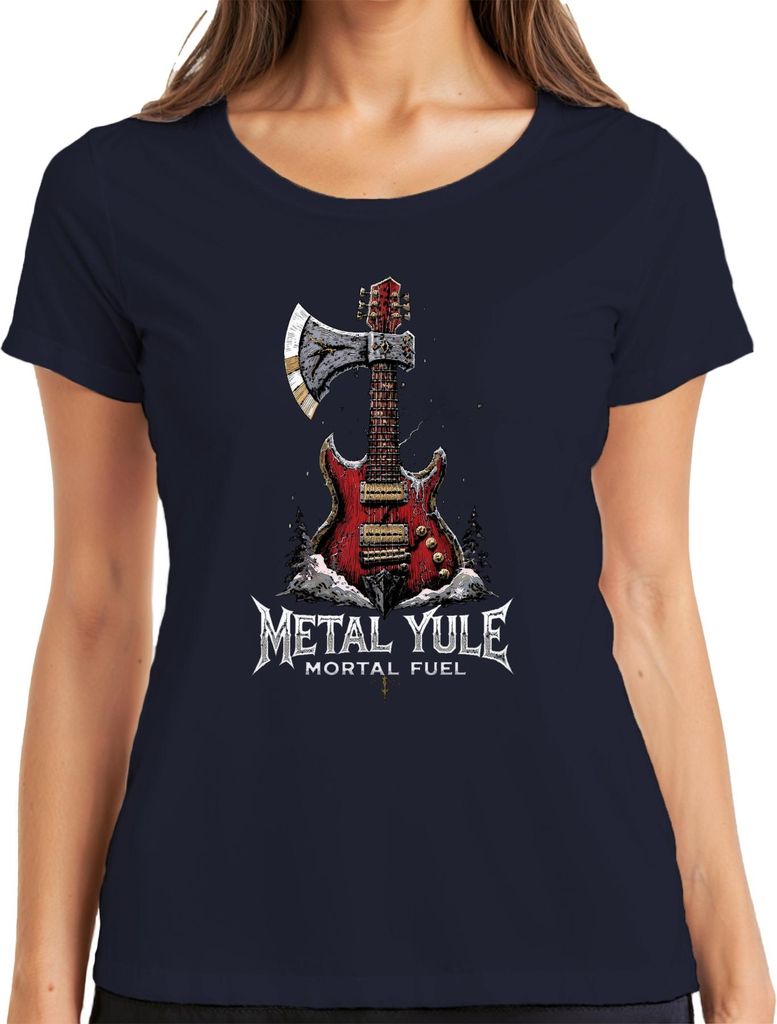 Metal Yule Mortal Fuel Weihnachtsmetal E Gitarre Rock Geschenk Damen T-Shirt, Navy, XL