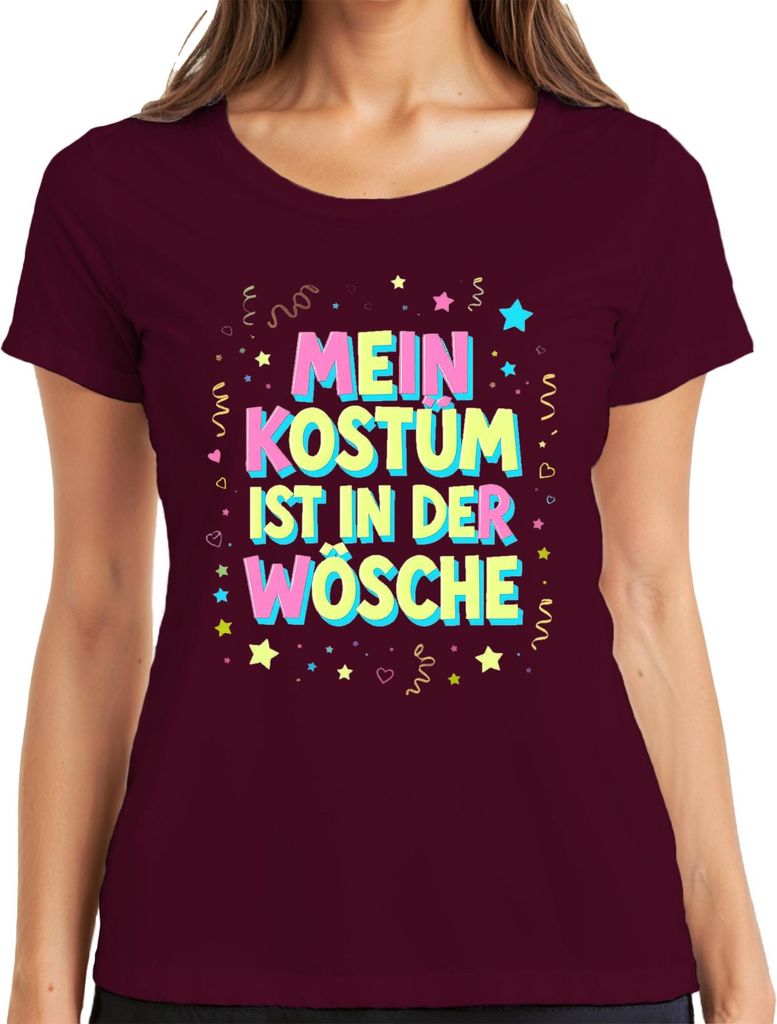 MEIN KOSTÜM IST IN DER WÖSCHE Karneval Fasching Halloween Lustig Damen T-Shirt, Burgundy, M