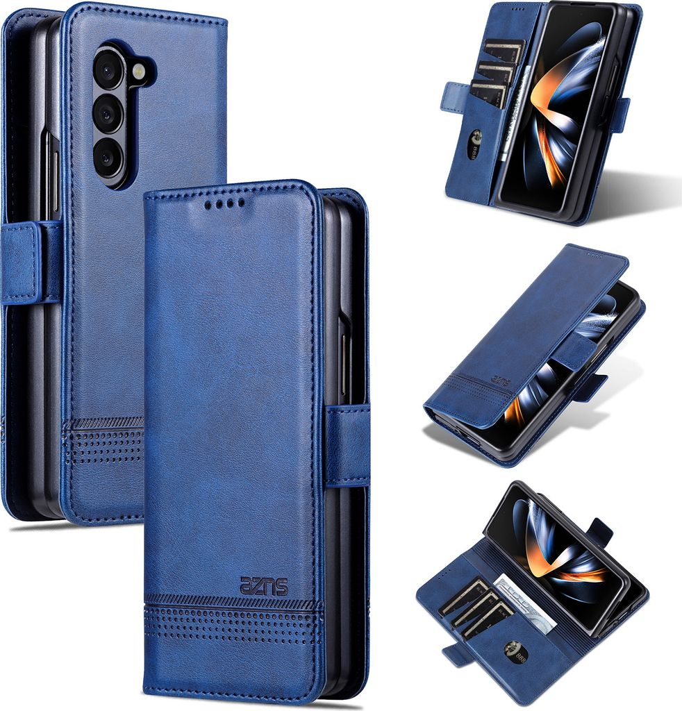 Leder Hülle für Samsung Galaxy Z Fold6, Klapphüllen Brieftasche Magnetverschluss Schutzhülle Blau