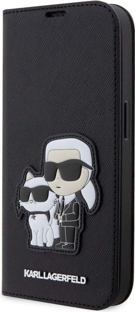 A black flip case for a smartphone with a Karl Lagerfeld and Choupette graphic on the front.
