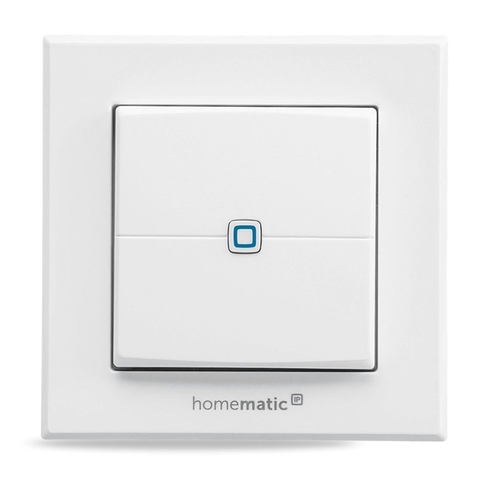 A white Homematic IP wall switch with a blue indicator light.