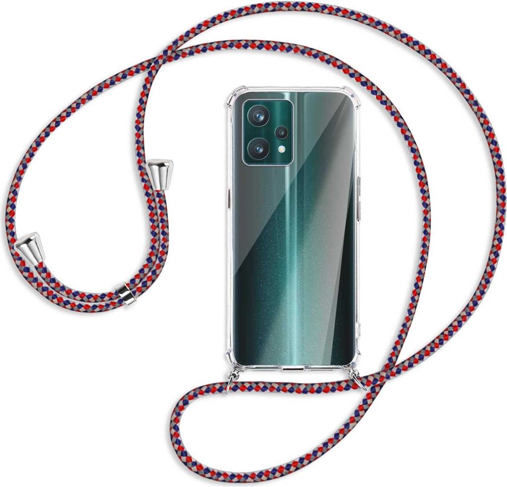 Handykette Backcover-Schutzhülle mit Band (Metall silberfarben) für Realme 9 Pro Plus 5G - silber/blau/rot