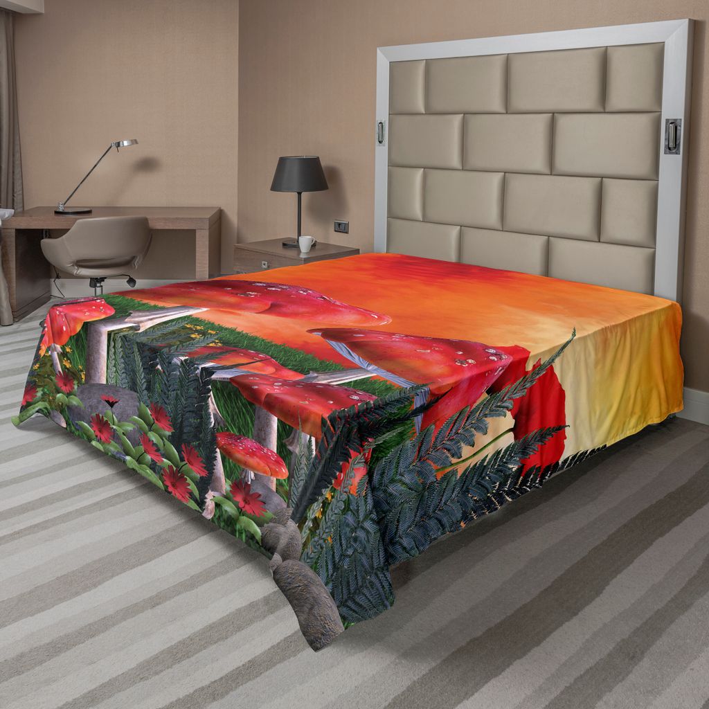 ABAKUHAUS Pilz Bettlaken, Pilze Magic Place Imaginäre Wolken Clipart Blätter Mohnblumen Spellbound, weiches bequemes oberes Bettlaken für ein de...