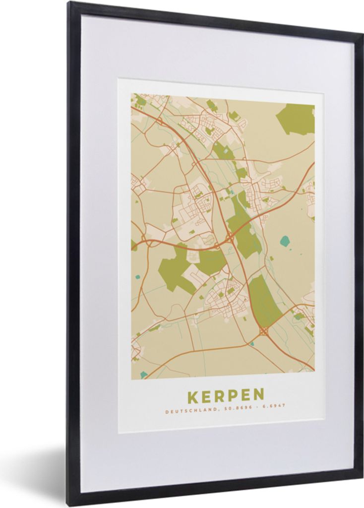 MuchoWow Gerahmtes Poster Kerpen - Karte - Vintage - Stadtplan 40x60 cm - Poster mit Schwarzem Bilderrahmen Wandposter Rahmen Foto Bilder - Poste...
