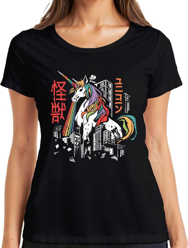 Einhorn Regenbogen Kaiju Monster Stadt Zerstörung ユニコーン 怪獣 Retro Damen T-Shirt, Schwarz, 3XL