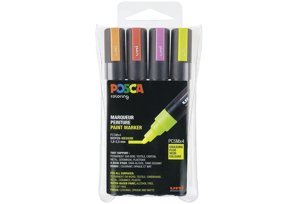 A package of four neon colored POSCA paint markers.