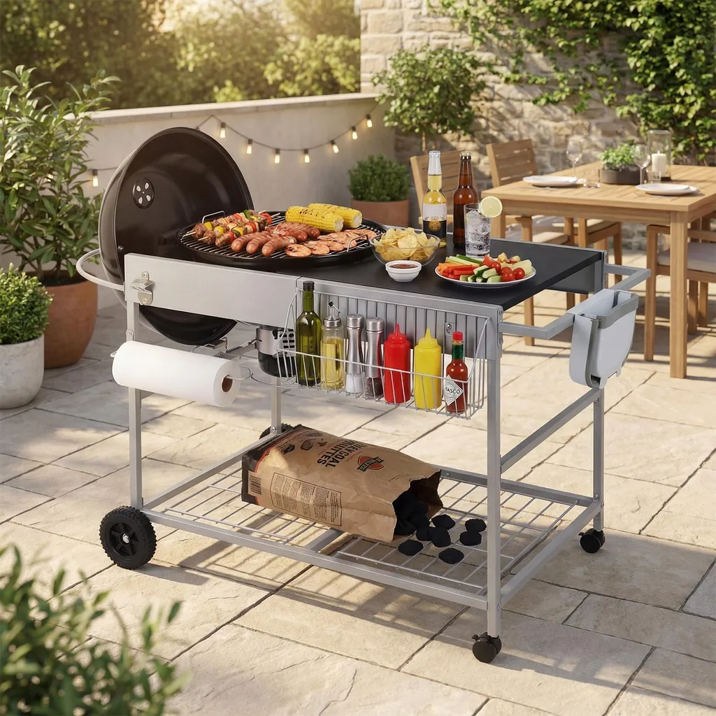 Table de barbecue mobile et support de service avec étagère à épices