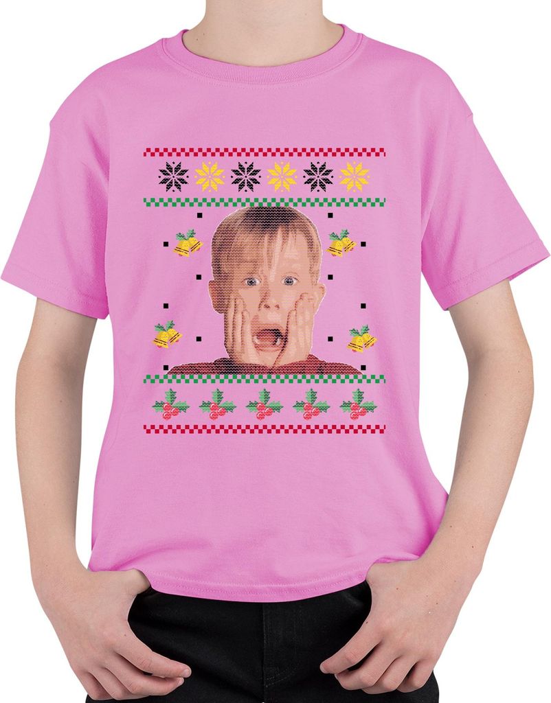 Kevin Allein Zuhause - Weihnachtsgeschenk Ugly Christmas Sweater Weihnachten Uni Kinder T-Shirt, Pink, 104