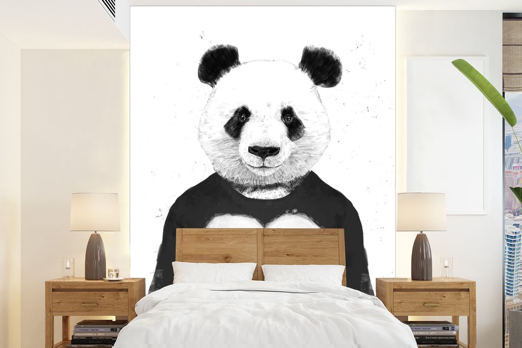 MuchoWow Fototapete für Wohnzimmer oder Schlafzimmer Wandtapete Vinyl Motivtapete Panda - Herz - Pullover - Tiere - 195x260 cm - Wandbild