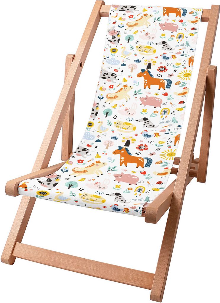 Dreamroots Kinder Liegestuhl klappbar Holz,bis zu 130 kg, Sonnenliege klappbar mit 3-stufiger Neigungsregulierung der Rückenlehne, Friendly Animals