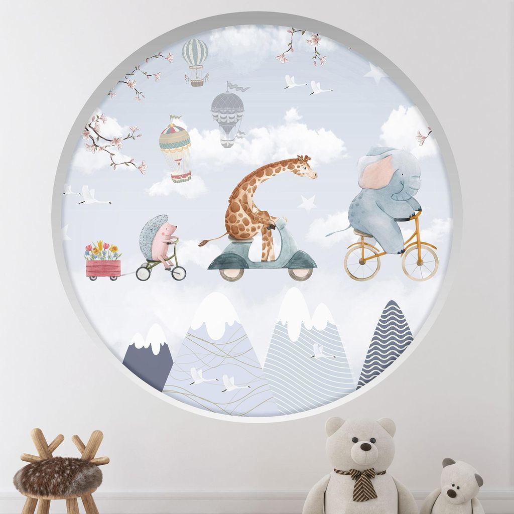 Trompe-l'œil-Aufkleber Runde Bogen Kinder – Lumaléa – Tiere am Himmel – Durchmesser 130 cm