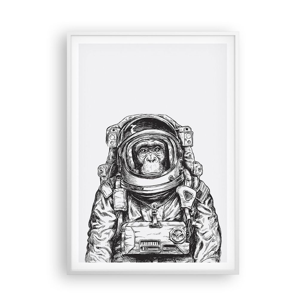 Gerahmtes Poster - Weißer Rahmen - Schimpanse Astronaut Zeichnung - 70x100 cm - Wand Bild - Wanddeko - Wandbilder - Wandposter - Bilderrahmen - Bi...