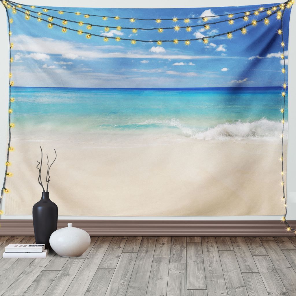 ABAKUHAUS Tropisch Wandteppich, Shore Meer mit Wellen, Wohnzimmer Schlafzimmer Wandtuch Seidiges Satin Wandteppich, 150 x 100 cm, Creme Türkis Weiß
