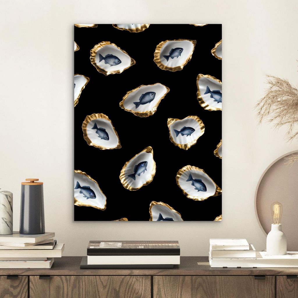 MuchoWow Wanddekoration Metall Metallbild Wandkunst 30x40 cm Austern - Fisch - Blau - Gold MuchoWow Aluminium Gemälde - Bilder