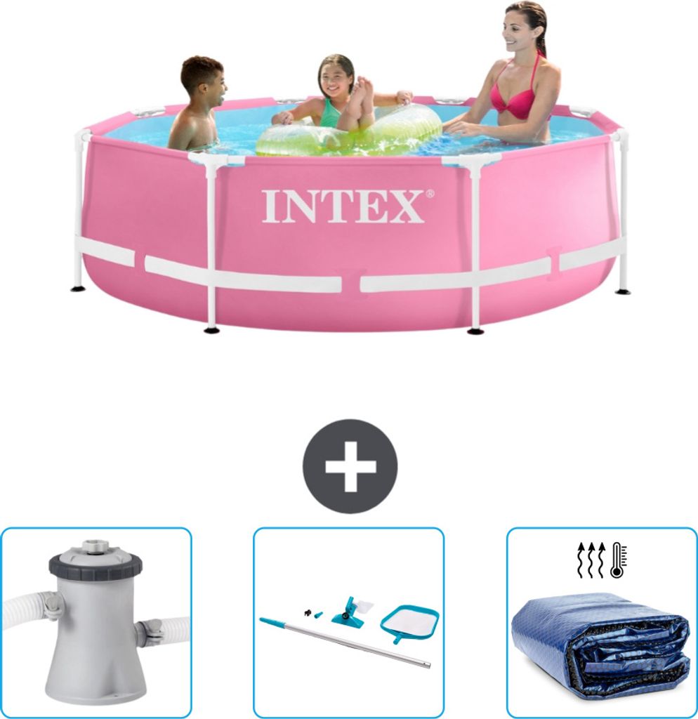 Intex-Schwimmbecken mit rundem Rahmen – 244 x 76 cm – Rosa – im Lieferumfang enthalten Filterpumpe für Schwimmbad - Reinigungskit - Sonnensegel