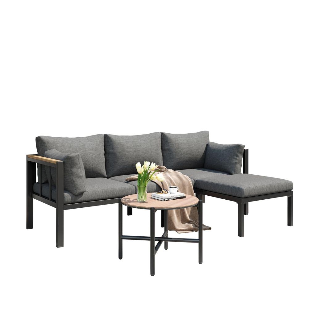 Gartenmöbel-Set, Eckgarnitur, Sofa + Couchtisch+Fußhocker,verzinktes Stahlrohr,Glastischplatte,geeignet für Gärten,Schwimmbäder+andere Außenb...