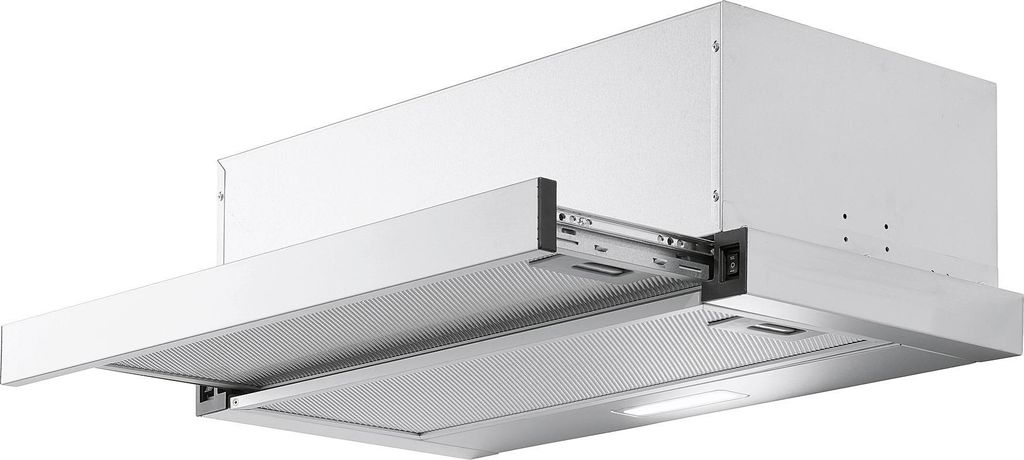 A white and silver range hood is shown against a white background.