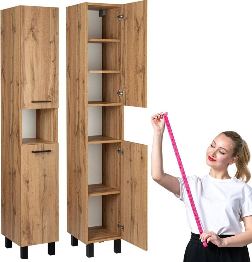 A woman is holding a measuring tape next to a tall cabinet. The cabinet is shown in two views: one closed and one open, revealing shelves. The background is plain white.