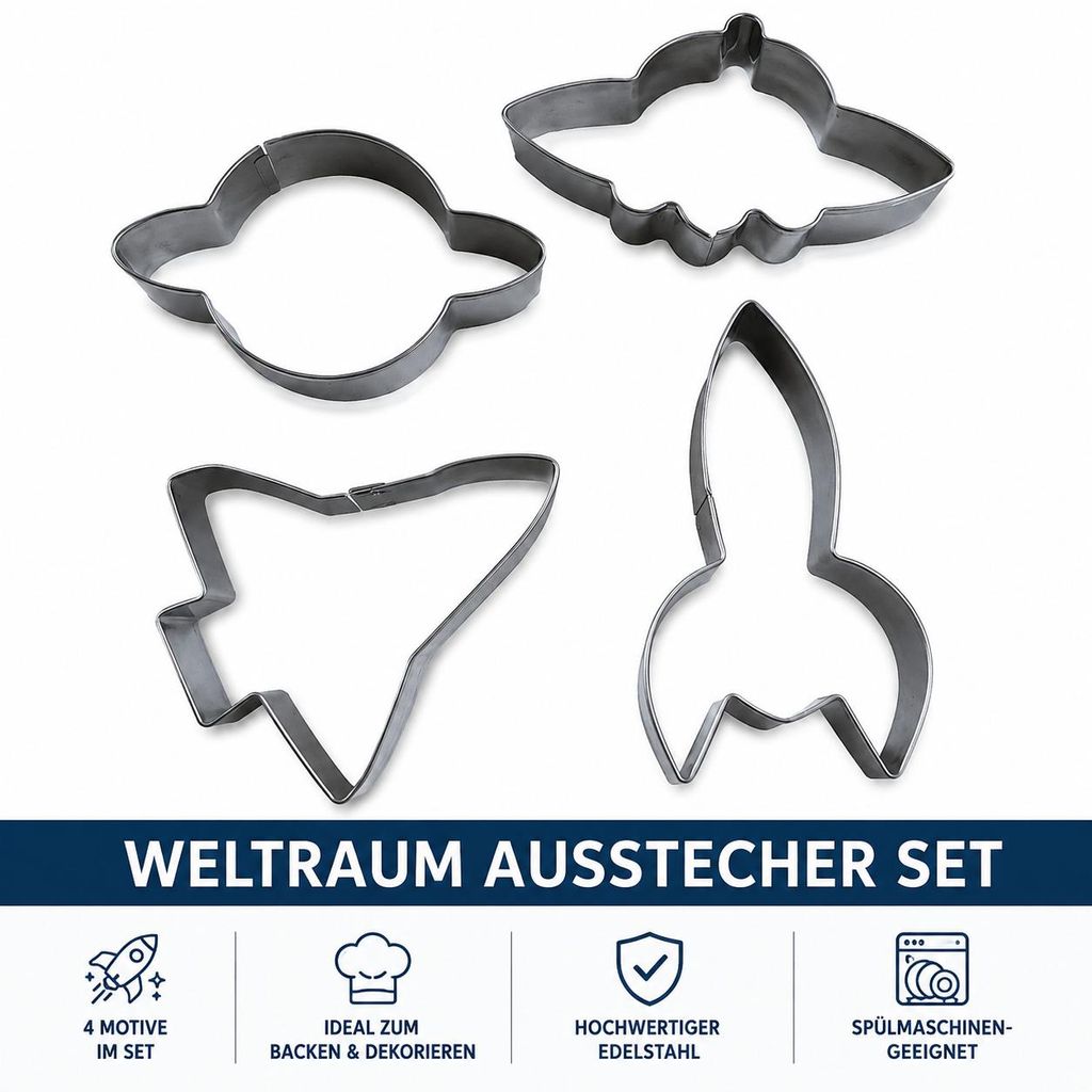 4er Set Weltraum Ausstecher – Rakete, UFO, Planet & Produktbild  KI-generiertes Bild