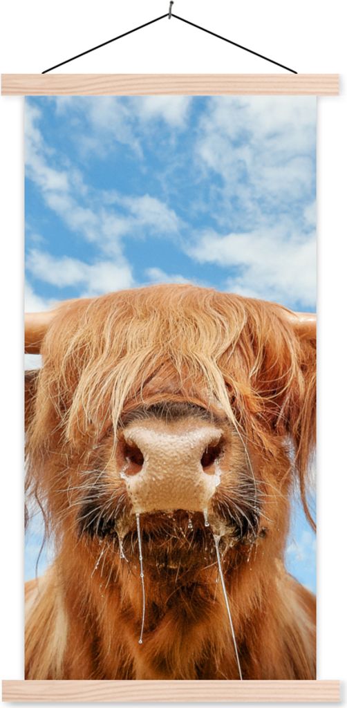 MuchoWow Textilposter Schottisches Hochlandrind - Wolke - Tiere 40x80 cm mit holzfarbenen Rahmen - Wohnzimmer