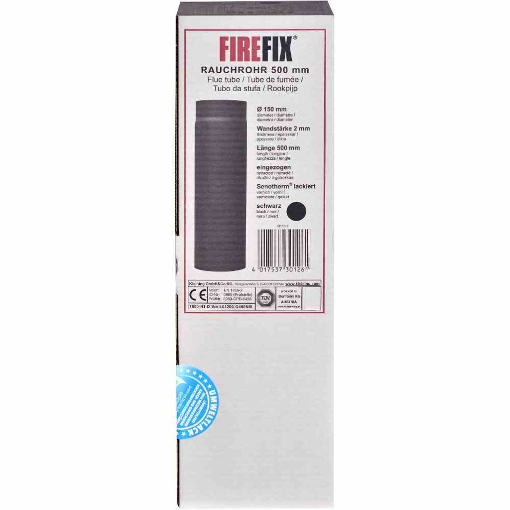 FIREFIX R150/2D Ofenrohr 250mm,Ø150mm,sw mit Regulierklappe 