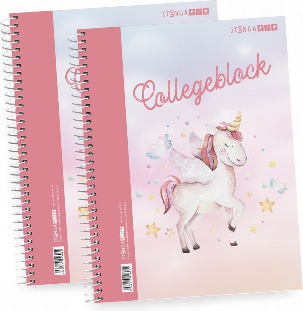 2x itenga Collegeblock Motiv Einhorn Wasserfarben A4 kariert 80 Blatt Lineatur 28