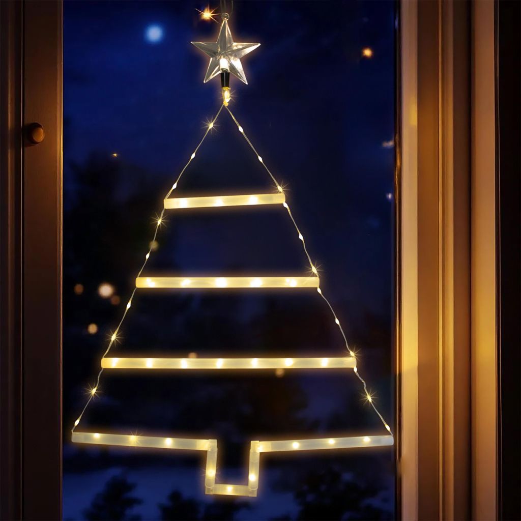 Fensterbild Weihnachtsbaum 66 LED mit 8 Funktionen und Timer - 70 x 46 cm – Deko Tannenbaum Silhouette warm weiß beleuchtet mit Stern Spitze