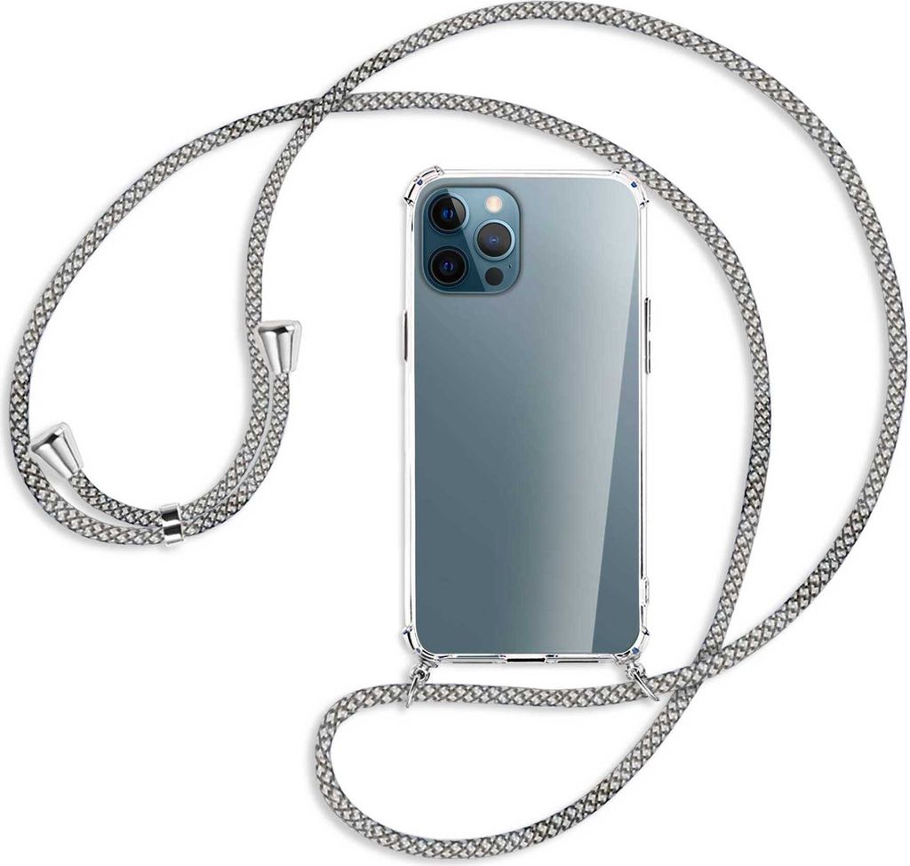 Handykette Backcover-Schutzhülle mit Band (Metall silberfarben) für Apple iPhone 12 Pro Max - weiß/grau kariert