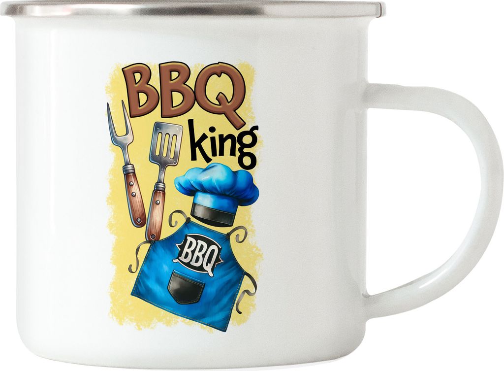 BBQ King Grillmeister Schürze und Besteck lustiger Grill Humor Emaille Tasse