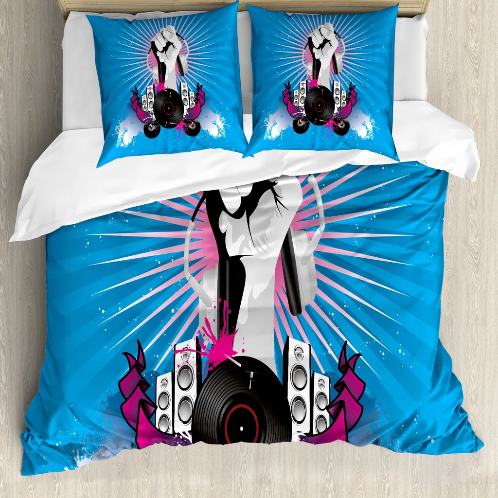 ABAKUHAUS Copripiumino moderno, elementi musicali graffiti, antiacaro, adatto a chi soffre di allergie, con federe, 155 cm x 220 cm - 80 x 80 cm, blu fucsia e polvere